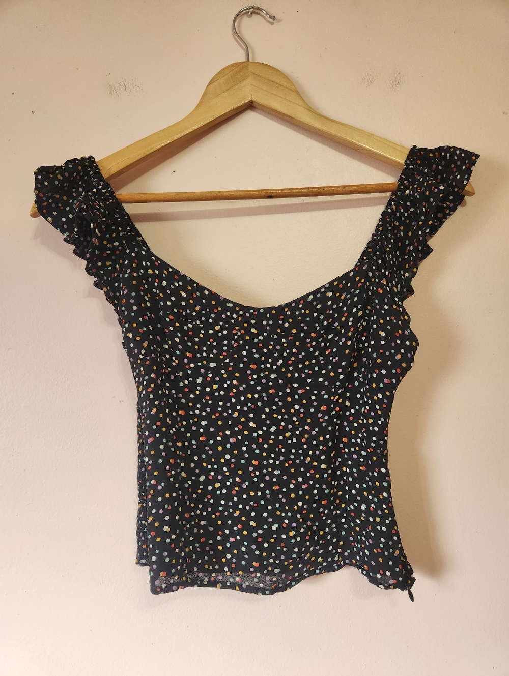 Reformation Lisbon Ruffle Shoulder Top Black Base Multi-colored "Confetti" Sz 4